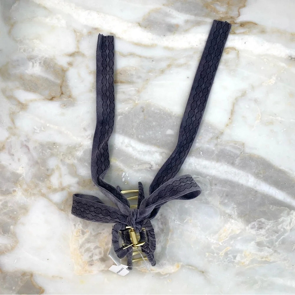 Anthropologie Set of 3 Ribbon Gold Claw Hair Clips Olive + Gray + Burgundy NWT